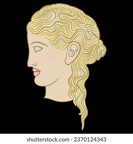 Head in profile of ancient Greek young woman with beautiful hairdo. Helen of Troy. Antique female portrait. On black background.