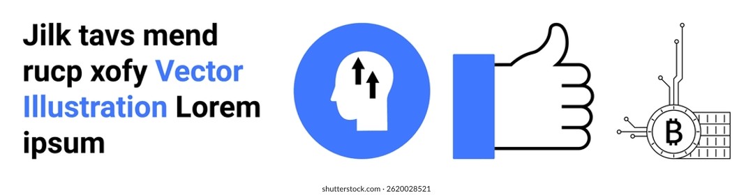 Head profile with arrows, thumbs up, Bitcoin graphic with network links. Ideal for tech innovation, cryptocurrency, positive feedback, online reviews, digital marketing, educational content, startup