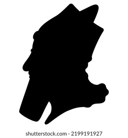 Head in profile of a bearded man in a hat. Assyrian hero from Nimrud. Black silhouette on white background.
