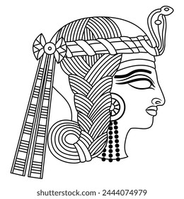 Head in profile of a beautiful ancient Egyptian lady or princess. Ethnic design. Black and white linear silhouette.