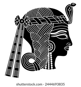 Head in profile of a beautiful ancient Egyptian lady or princess. Ethnic design. Black and white silhouette.