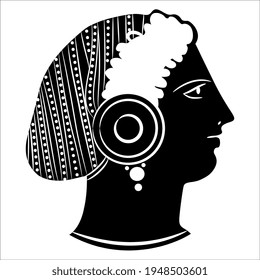 Head in profile of a beautiful ancient Greek woman. Female portrait. Ethnic vase painting style. Black and white silhouette. Isolated vector illustration.