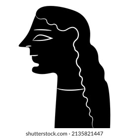 Head in profile of a beautiful young woman. Ancient Greek female portrait. Vase painting style. Black and white negative silhouette.