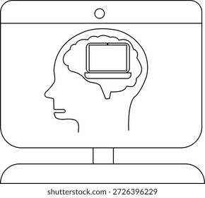 Perfil de la cabeza con un cerebro que contiene una computadora portátil dentro de una pantalla de computadora