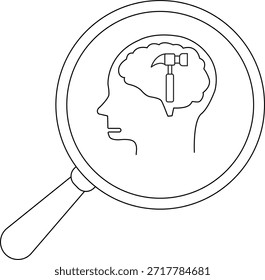 Perfil de la cabeza del cerebro y el martillo dentro de una lupa todo delineado en negro sobre un fondo blanco