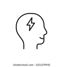 Head profile with charge energy lightning, line icon. Face with think idea mind. Smart idea, electrical power symbol. Control of mind, positive thinking, success. Vector illustration
