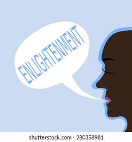 Head profile with dark skin with communication bubble with blue inscription enlightenment. Flat graphic. 