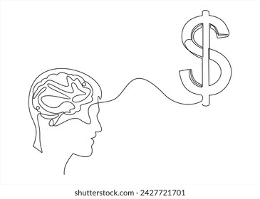 Head in profile with a dollar sign.Money on my Mind.Continuous line vector illustration	