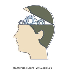 Head in profile with gears. Psychotherapy and brainstorming concept. Vector illustration