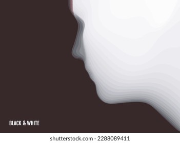 Head profile with gradient fade colors. Paper cut layered human face. Monochrome carving art. Side view. 3D vector silhouette for technology, science or psychology concept.