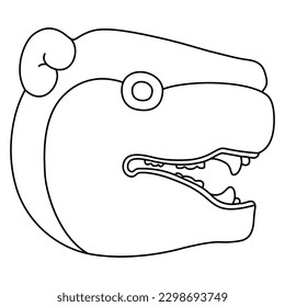 Head in profile of a grinning jaguar. Ethnic animal design of Maya Indians. Black and white linear silhouette.