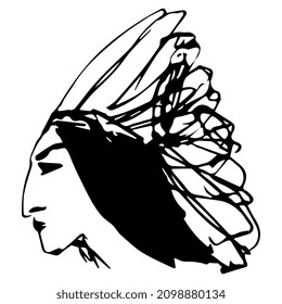 Head in profile of a handsome Indian man. Native American chief in a feathered war bonnet. Hand drawn ink sketch. Black and white silhouette. Isolated vector illustration.