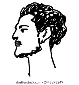 La cabeza de perfil de un joven apuesto. Retrato de un joven barbudo. Dibujado a mano dibujado dibujo lineal garabato rugoso. Silueta en blanco y negro.