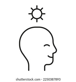 Head profile with happy positive mind, line icon. Face with sun. Control of mind, positive thinking, psychology. Vector illustration