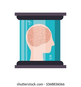 head profile human with brain in futuristic glass bottle