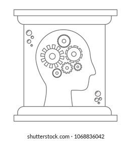 head profile human with gears in futuristic glass bottle