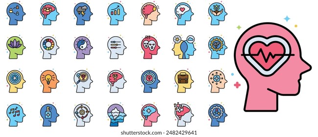 Head profile illustrations depicting mental health, emotional, and cognitive concepts like stress, growth, and creativity with colorful icons