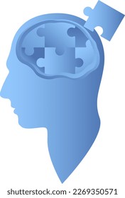 Head profile with jigsaw puzzle pieces falling apart. Alzheimers and dementia, mental illness and brain disorder. Vector illustration.