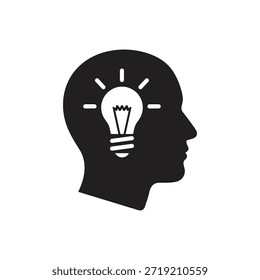 Head profile light bulb mind solid black vector icon isolated white background thinking idea intelligence psychology brain symbol graphic design illustration