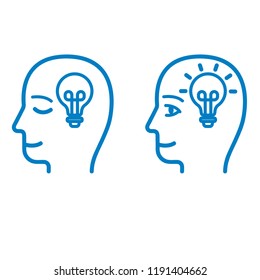 Head profile with with a luminous bulb. An illustration symbolizing the presence and the distance of the idea, vector logo illustration. Simple and modern head line icon