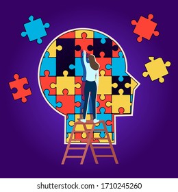 Head profile is made of puzzle pieces. Concept of psychological  help. Vector.