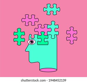 Head in profile made of puzzle pieces. A conceptual illustration of brain damage, psychological problems and stress.