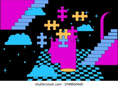 Head in profile made of puzzle pieces. A conceptual illustration of brain damage, psychological problems and stress.