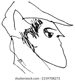 Head in profile of a man wearing hat or cap. Male portrait. Hand drawn linear doodle rough sketch. Black silhouette on white background. Isolated vector illustration.
