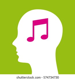 head profile with musical note icon over green background. colorful design. vector illustration