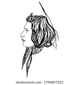 Head in profile of native American Indian man. Black and white silhouette. Ethnic male portrait. Hand drawn linear rough sketch.