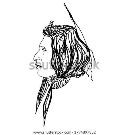 Head in profile of native American Indian man. Black and white silhouette. Ethnic male portrait. Hand drawn linear rough sketch.