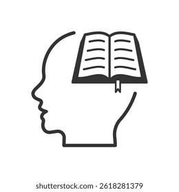 Head profile with open book inside. Symbolizing knowledge, learning, and intellectual growth.