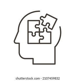 Head profile of a person with puzzle pieces. Vector thin line illustration for concepts of mental health, business or education problem solving, solutions, thinking or mental subjects like autism