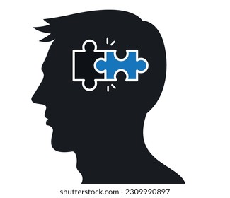 Head profile of a person with puzzle pieces. Vector for concepts of mental health, business or education problem solving, solutions, thinking or mental issues like autism.
