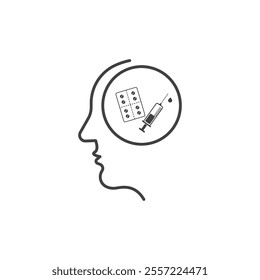 Head profile with pills, syringe, and medication suitable for health and treatment related concepts