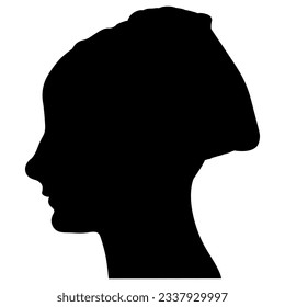 Cabeza de perfil de una mujer renacentista. Retrato femenino. Silueta negra de fondo blanco.