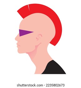 head profile of a retro sci fi movie rebel girl, punk woman with mohawk hairdo and purple glasses, minimalist vector illustration