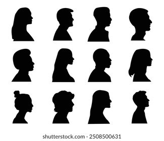 Perfil principal silhueta mega set em plano, Retrato de rosto humano vista lateral, Homem e mulher face avatar retrato diferente idade e geração silhueta preta. Ilustração vetorial.