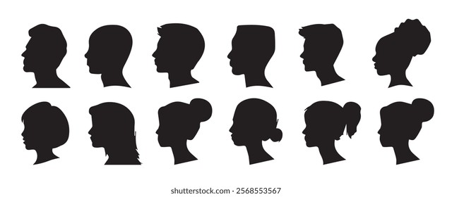 Head profile silhouette mega set in flat graphic design  Collection elements of different male and female human black portraits African American or Caucasian anonymous avatar  Vector illustration