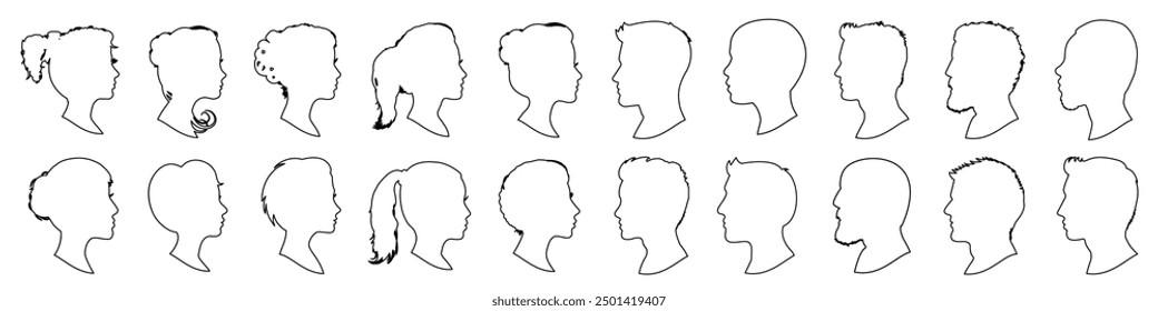 Head profile silhouette set, Male and female outline face silhouette, group people, line profile silhouette faces boys and girls set, man and woman