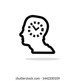Head profile silhouette vector icon on white background. Intellectual  business sign. Time management symbol. Clock ticking elements. Chronometer. Flat simple line design illustration.