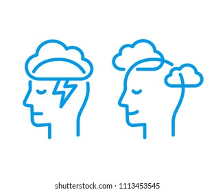 Head profile with storm cloud and clear sky. Mindfulness and stress management in psychology, vector logo illustration. Simple and modern line icon.