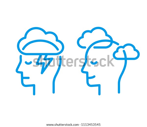 Head profile with storm cloud and clear\
sky. Mindfulness and stress management in psychology, vector logo\
illustration. Simple and modern line\
icon.