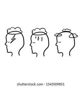 Head profile with storm cloud rain and clear sky. Mindfulness and stress management in psychology with handdrawn doodle style