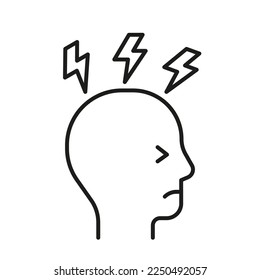 Head profile with stress, bad mental health and mood, line icon. Face with storm and lightning. Mind, psychology. Vector illustration
