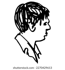 Head in profile of a sulky sad man. Hand drawn linear doodle rough sketch. Black silhouette on white background.