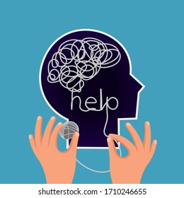 Head profile with tangled confused thoughts. Hands are untangling the knot. Vector.