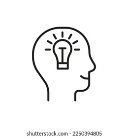 Head profile with think idea mind, line icon. Face with lightbulb. smart idea lamp symbol. Control of mind, positive thinking and inspiration, psychology. Vector illustration