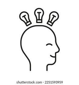 Head profile with think idea mind, line icon. Face with lightbulb. Smart idea lamp symbol. Control of mind, positive thinking and inspiration, psychology. Vector