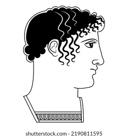 Head in profile of a young ancient Greek man. Achilles. Antique hero. Vase painting style. Black and white silhouette.